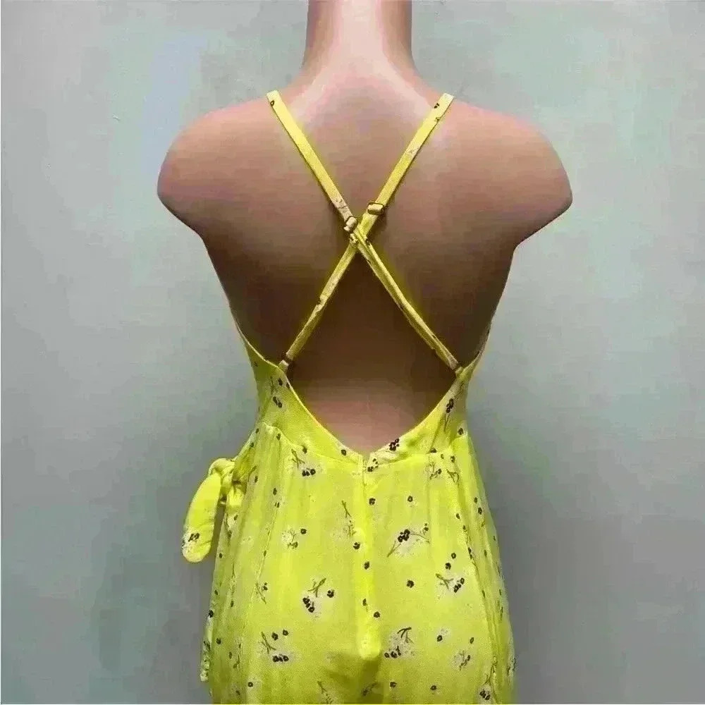 Free People Electric Yellow Floral Sleeveless Tango At Night Wrap Romper 10 - Picture 6 of 15